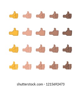 Hand like emoticons, thumbs up flat vector illustration symbols set, collection in all skin colors