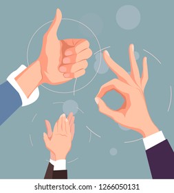 Hand like and ok gesturing.Hands clapping. Congratulation, appreciation and business success. Vector illustration