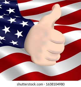 Hand like on the background of the USA flag waving in the wind.