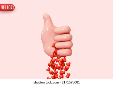 Hand like with red hearts falls from palm of your arm. Icon human hand in cartoon style thumb up, good sign. Symbol of approval and love. Realistic 3d design. vector illustration
