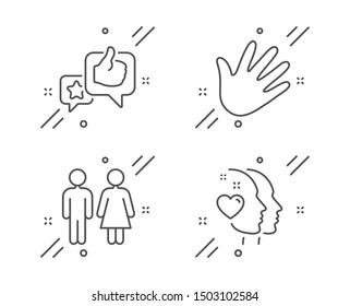 Hand, Like and Restroom line icons set. Heart sign. Swipe, Star rating, Wc toilet. Love head. People set. Line hand outline icon. Vector
