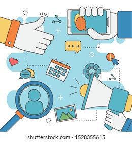 hand like speaker mobile chat calendar analysis technology network social media vector illustration