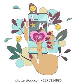 hand likes, modern flat illustration, line, phone, plant, bubble, phone addiction, social media