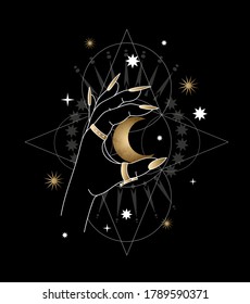 Hand in line art style on space background. Magic vector illustration with gold elements.
