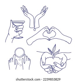 Hand line art vector design set. Set of hands in minimal linear style holding wineglass, sprout and etc. 