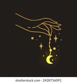 Hand line art vector design, hand drawn celestial boho logo or emblem. Magic Symbol for decoration cosmetics, market and packaging or beauty products
