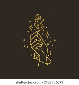 Hand line art vector design, hand drawn flower boho logo or emblem. Magic Symbol for decoration cosmetics, market and packaging or beauty products
