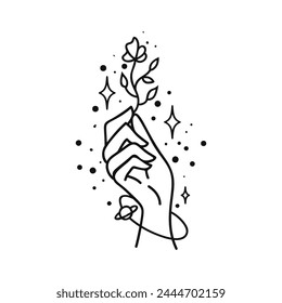Diseño de Vector de arte de línea de mano, logotipo o emblema boho dibujado a mano. Símbolo mágico para la decoración de cosméticos, mercado y embalaje o productos de belleza