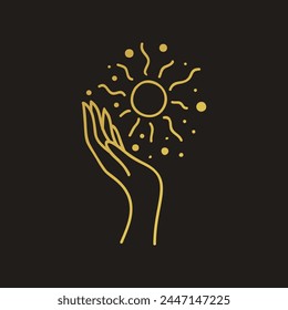 Diseño de Vector de arte de línea de mano, logotipo o emblema de boho celestial dibujado a mano. Símbolo mágico para la decoración de cosméticos, mercado y embalaje o productos de belleza