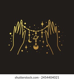 Hand line art vector design, hand drawn celestial boho logo or emblem. Magic Symbol for decoration cosmetics, market and packaging or beauty products