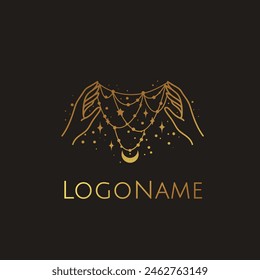 Diseño de Vector de arte de línea de mano, logotipo o emblema de boho celestial dibujado a mano. Símbolo mágico para la decoración de cosméticos, mercado y embalaje o productos de belleza