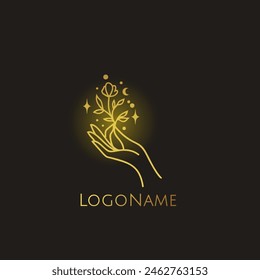 Hand line art vector design, hand drawn flower boho logo or emblem. Magic Symbol for decoration cosmetics, market and packaging or beauty products