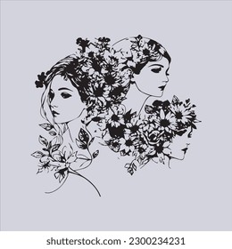 Hand line art of women's face pencil style with flowers and leaves.