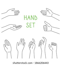 Hand line cartoon style set. Various gestures of human hands, different situations. Signs and emotions, representing, interactive communication. For infographic, web, internet, presentation. Vector
