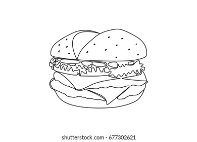 Hand line drawing of a burger. Continuous line illustration. 