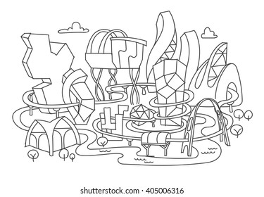 Hand line drawing, futuristic city architecture