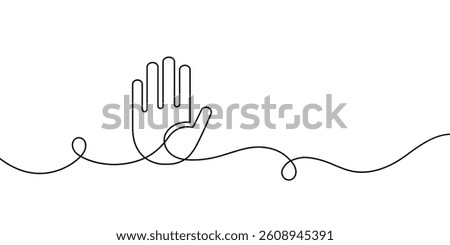 Hand line. Hand drawn art oneline icon. Stop symbol continuous one line drawing. Hand draw main sketch. Single lineart. Palm outline. Black silhouette isolated on white background. Vector illustration