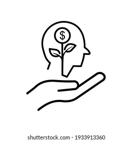 Hand line icon with head and dollar. Business idea. Idea generation process. Editable stroke. Simple illustration mobile concept and web design. Design template vector