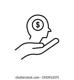 Hand line icon with head and dollar. Business idea. Idea generation process. Editable stroke. Simple illustration mobile concept and web design. Design template vector