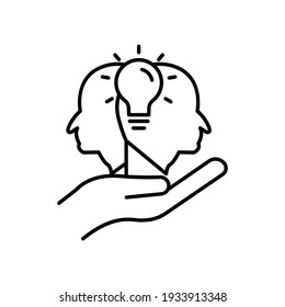 Hand line icon with head and light bulb. Concept of new idea. Idea generation process. Editable stroke. Simple illustration mobile concept and web design. Design template vector