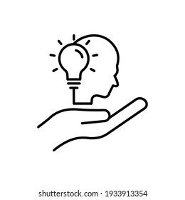 Hand line icon with head and light bulb. Concept of new idea. Idea generation process. Editable stroke. Simple illustration mobile concept and web design. Design template vector