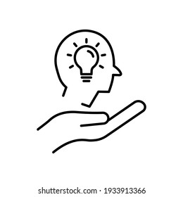 Hand line icon with head and light bulb. Concept of new idea. Idea generation process. Editable stroke. Simple illustration mobile concept and web design. Design template vector