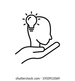 Icono de línea de mano con lámpara de cabeza y luz. Concepto de nueva idea. Proceso de generación de ideas. Trazo editable. Simple ilustración de concepto móvil y diseño web. vector de plantilla de diseño