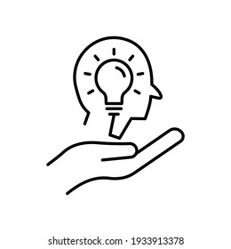 Hand line icon with head and light bulb. Concept of new idea. Idea generation process. Editable stroke. Simple illustration mobile concept and web design. Design template vector
