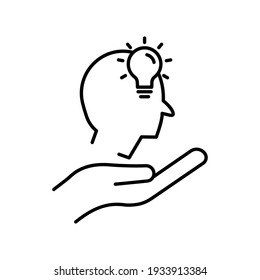 Hand line icon with head and light bulb. Concept of new idea. Idea generation process. Editable stroke. Simple illustration mobile concept and web design. Design template vector