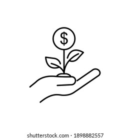 Hand Line Icon With Plant And Money. Economic Growth, Flowers, Financial Growth Icons. Internet Concept Symbol For Website Button Or Mobile App. Simple Design Editable. Design Template Vector