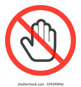 Hand line icon in prohibiting red circle, do not touch ban sign, Forbidden symbol. Vector illustration