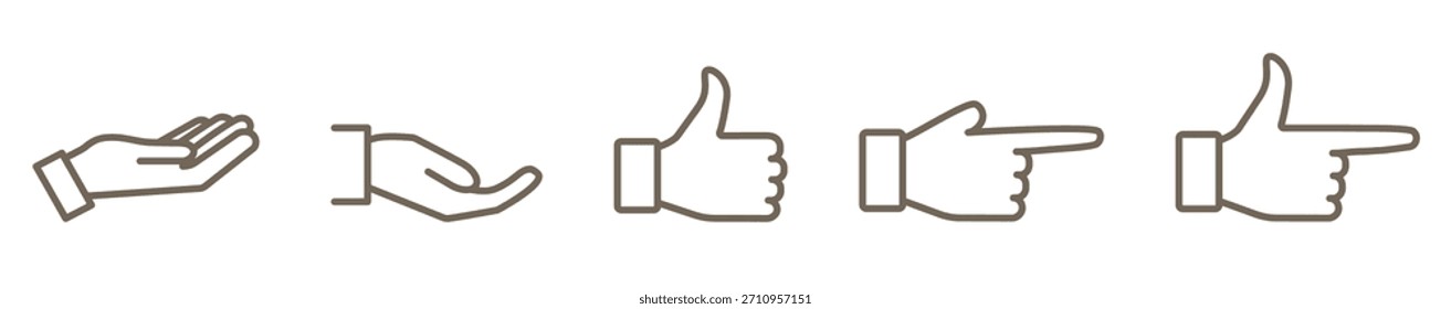 Ícone de linha de mão definido com várias poses e gestos. Inclui vistas de apoio, apontando, mostrando, como, polegares para cima e múltiplas vistas manuais. Estilo de contorno simples limpo, perfeito para IU, símbolos.