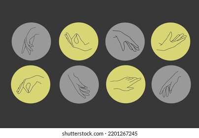 Hand line icon set. Vector set of icons and emblems for social media story covers. Hands on a gray background, a template for social networks