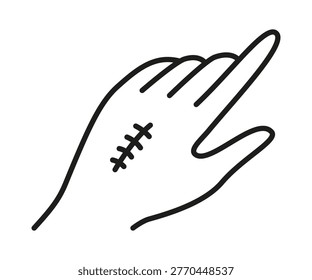 Hand line icon with stitched wound. Line art illustration of surgical suture on skin. Medical symbol for injury, trauma, surgery recovery, and healthcare treatment. Vector graphic design.