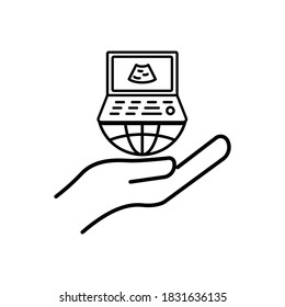 Hand line icon with ultrasound. International radiology day. Design template vector