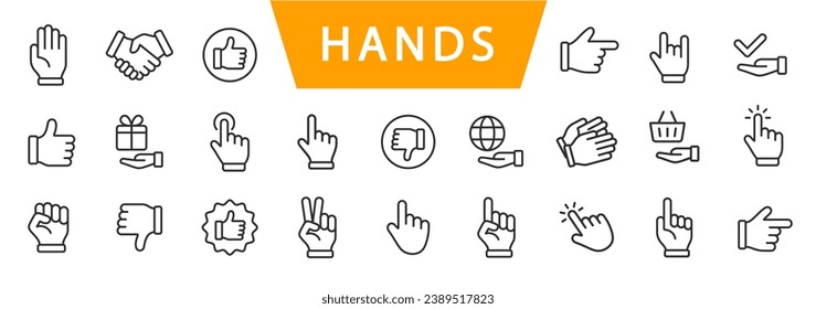 Hand line icons set isolated on white background vector. Hands line icons