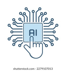 toque de línea de mano en un chip de símbolo de sistema de circuito, icono, para tecnología de máquina robótica utilizada en el diseño de iconos de la innovación de IA, y líneas de sistema de procesamiento