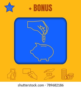 hand line vector icon with piggy money box and coin. Flat design style