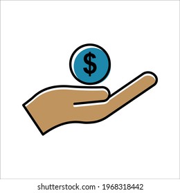 hand lineal color icon with dollar. charity symbol, donation, humanity. Editable stroke. Design template vector