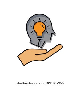 Hand lineal color icon with head and light bulb. Concept of new idea. Idea generation process. Editable stroke. Simple illustration mobile concept and web design. Design template vector