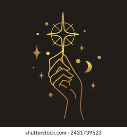 Diseño de vector lineal de mano, logotipo o emblema boho celestial dibujado a mano. Símbolo mágico para la decoración de cosméticos, mercado y embalaje o productos de belleza