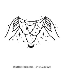 Hand lineart vector design, hand drawn celestial boho logo or emblem. Stars Symbol for decoration cosmetics, market and packaging or beauty products