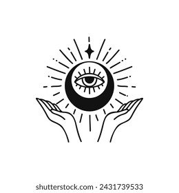 Diseño de vector lineal de mano, logotipo o emblema boho celestial dibujado a mano. Símbolo mágico para la decoración de cosméticos, mercado y embalaje o productos de belleza