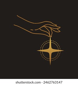 Hand lineart vector design, hand drawn celestial boho logo or emblem. Magic Symbol for decoration cosmetics, market and packaging or beauty products