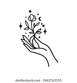 Hand lineart vector design, hand drawn celestial boho logo or emblem. Magic Symbol for decoration cosmetics, market and packaging or beauty products