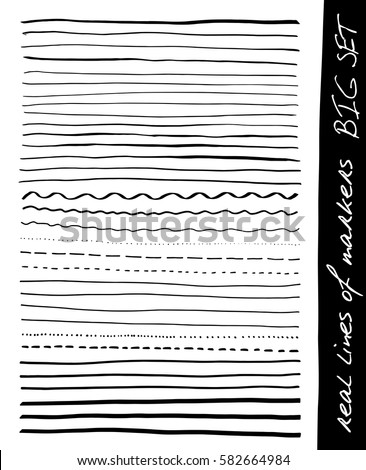 Hand lines - real markers. Big set. Different lines - straight, wavy, interrupt, dotted, thick, thin... Black. Isolated on white background. Vector - eps 10.