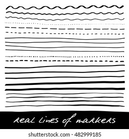 Hand lines - real markers. Different lines - straight, wavy, interrupt, dotted, thick, thin... Black. Vector set. Isolated on white background. Eps 10
