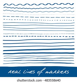 Hand lines - real markers. Different lines - straight, wavy, interrupt, dotted, thick, thin... Blue. Vector set. Isolated on white background. Eps 10