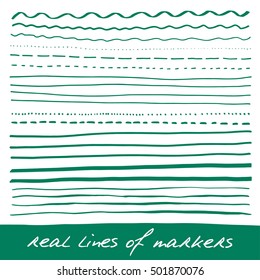 Hand Lines - Real Markers. Different Lines - Straight, Wavy, Interrupt, Dotted, Thick, Thin... Green. Vector Set. Isolated On White Background. Eps 10