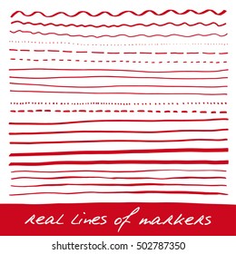 Hand Lines - Real Markers. Different Lines - Straight, Wavy, Interrupt, Dotted, Thick, Thin... Red. Vector Set. Isolated On White Background. Eps 10